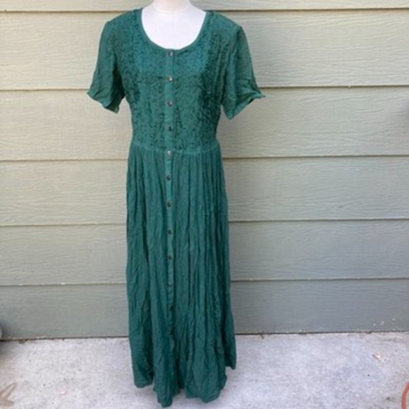 Raja Vintage Maxi Button Dress Sz M Green Floral Embroidery Rayon Boho Hippie - Picture 1 of 7